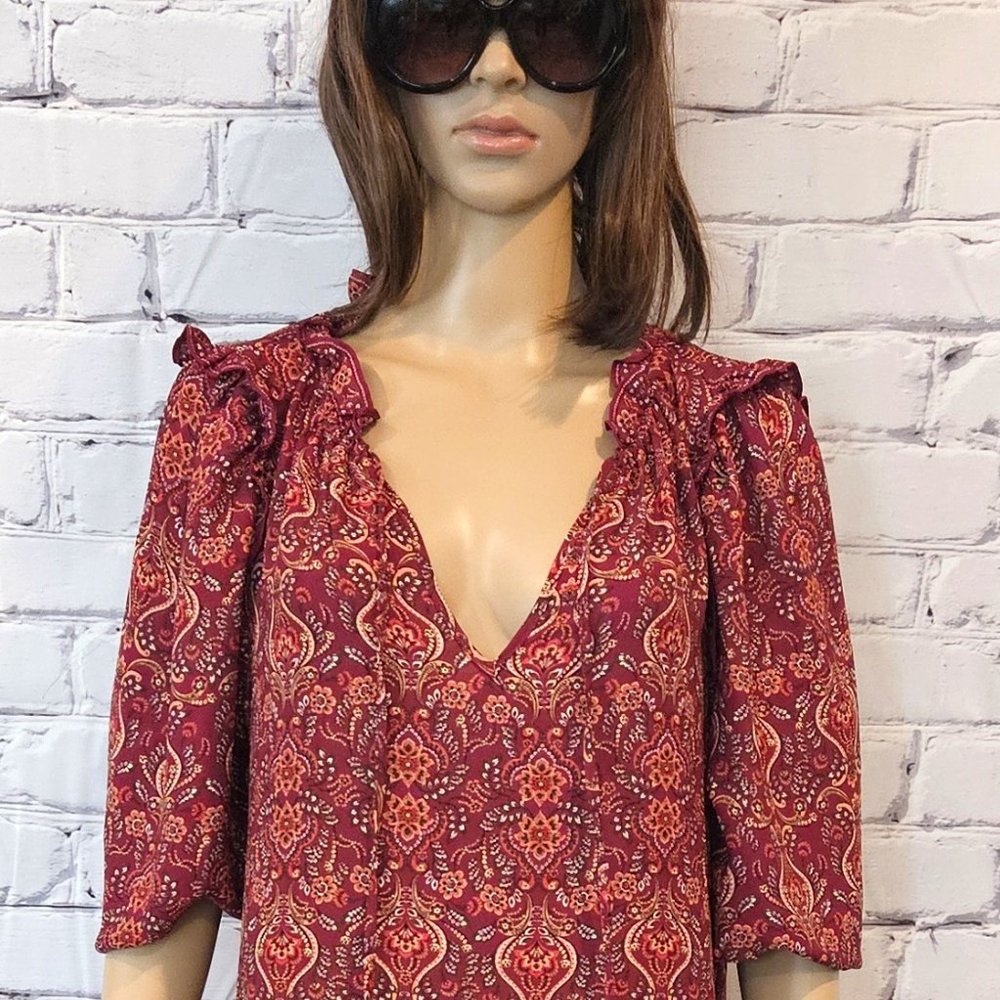 NWT!!! MAX STUDIO, Boho burgundy long sleeve floral pattern dress, size: large - Picture 9 of 15